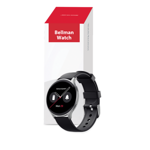 Bellman watch with black strap and digital display on a white background