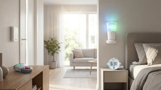 A modern bedroom and living area showcasing Bellman & Symfon smart devices. Features include a red alert button, a glowing wall signaler with blue and green lights, and a digital alarm clock on a nightstand in a bright, sunlit home interior.