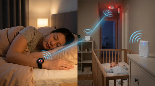 A sleeping woman alerted via smartwatch by a connected smart home safety system with smoke alarm and baby monitor.