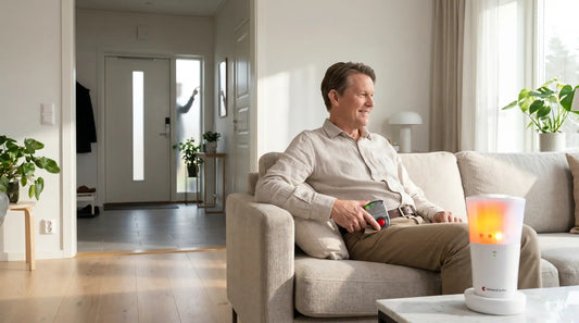 Smiling man on a couch holding a Bellman & Symfon receiver, with a glowing alert device on the table signalling a visitor at the front door. This bright, modern scene illustrates effective home notification systems for those with hearing loss.