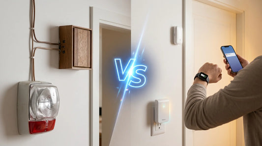 Comparison of traditional wired home alarms versus modern smart wireless alerts on smartphone and smartwatch.