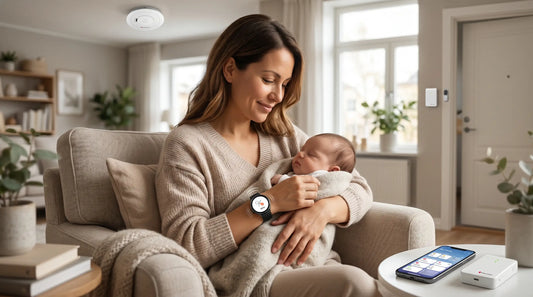 Mother holding baby with smart home security alerts on a smartwatch and mobile app in a cozy living room.