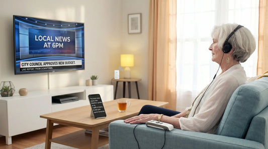 An older woman with short white hair sits on a blue sofa wearing black headphones connected to a remote. She watches a TV displaying news and captions, while a smartphone on the coffee table also shows live text. The room is bright and modern.