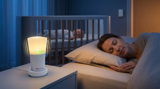 A baby monitor for deaf parents featuring a visual alerting receiver glowing on a bedside table while a mother sleeps and a baby rests in a crib nearby.