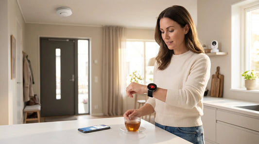 Woman checking a home security alert on her smartwatch in a modern kitchen featuring integrated smart devices.