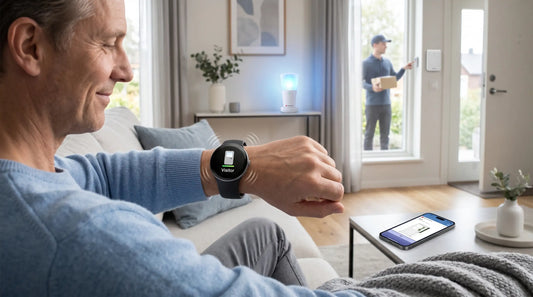 Man receiving a visitor notification on his smartwatch as a delivery person rings his smart home doorbell.