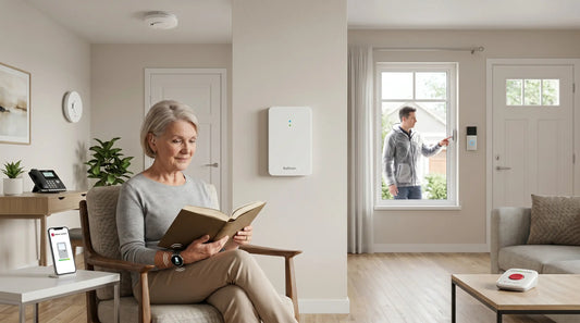 Senior woman using a Bellman smart home alert system with smartwatch notifications for doorbell and safety alerts.