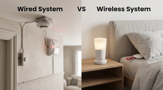 A side-by-side comparison of a Wired System vs. Wireless System. Left shows a ceiling-mounted smoke alarm with visible surface wiring. Right features a sleek Bellman & Symfon Visit flash receiver on a bedside table with a vibrating bed shaker.