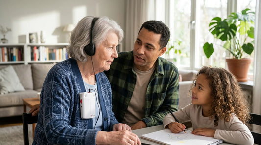 An elderly woman sits at a table wearing black headphones connected to a portable assistive listening device. A man in a plaid shirt speaks to her while a young girl with curly hair looks up and smiles, holding a pencil over a drawing notebook.