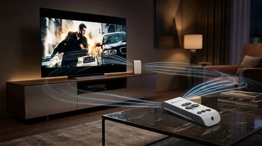 MaxiPro TV Listening System displayed on a coffee table in a modern living room