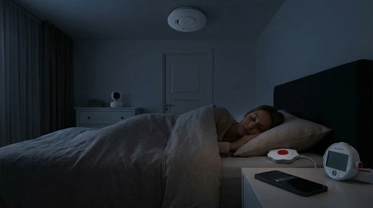 A person sleeps under a comforter in a dimly lit bedroom at night. A ceiling smoke detector, a security camera on a dresser, and a digital monitor with an emergency button and smartphone on a nightstand are visible.