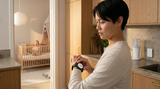 A woman checks a baby monitor alert on her smartwatch while her baby sits in a crib in the next room.