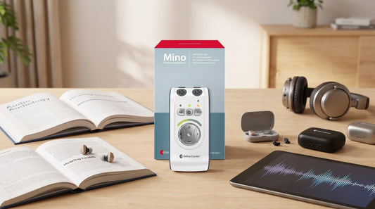Hearing aids vs amplifiers comparison with hearing device and accessories on a table