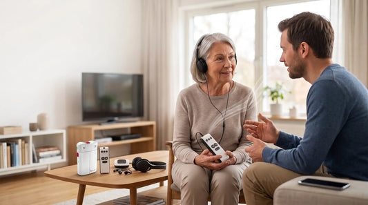 Senior woman using a handheld hearing amplifier and headphones to clearly hear a conversation in her living room.