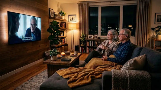 Senior couple wearing hearing aids while enjoying a movie night in a cozy, warm living room.