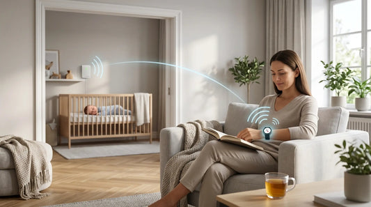 A woman receives a smart baby monitor alert on her smartwatch while her baby sleeps in a crib nearby.