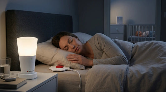 Woman sleeping with a Bellman & Symfon bedside alert lamp and bed shaker, with a baby in a crib in the background.