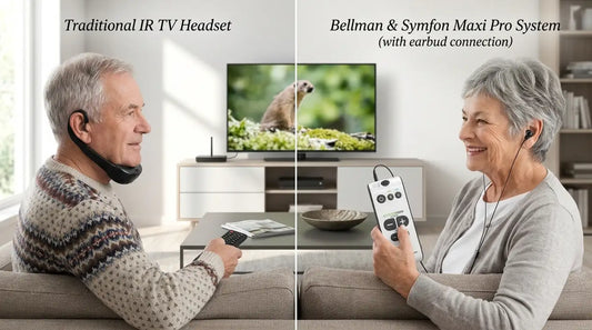 Side-by-side comparison of TV Ears and Bellman Maxi Pro TV listening systems used by seniors watching television in a modern living room.