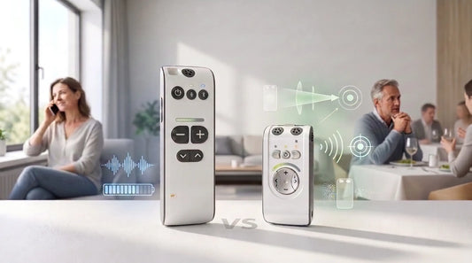 Comparison of two white assistive listening devices for hearing aids, optimized for home and noisy restaurant settings.