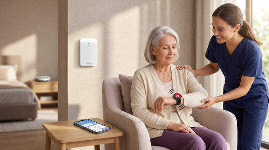 Caregiver helping senior woman with a Bellman smart home alert system featuring a smartwatch and mobile app.