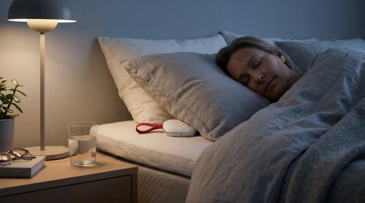 Woman sleeping peacefully in bed with a sleep tracking device near her pillow and a warm bedside lamp.