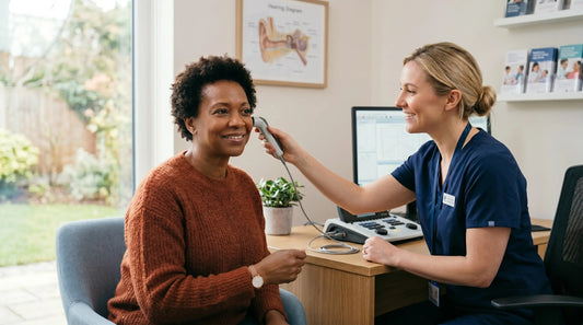 A healthcare provider in blue scrubs uses an ear probe on a smiling woman in an orange sweater. They are in a bright office with an ear diagram on the wall and a window view of a garden. Both women are smiling during the audiology exam.