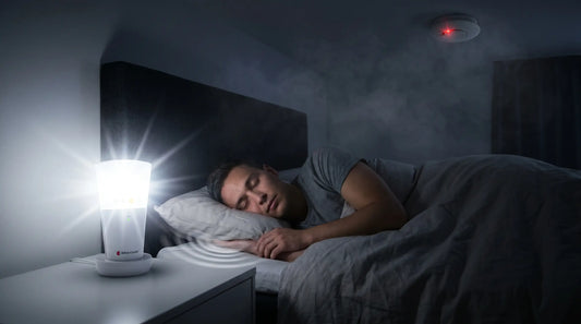 A man sleep in bed next to a vibrating, flashing Bellman and Symfon bed shaker and smoke detector on the ceiling. Smoke fill the air, and a red light flash on the ceiling detector.