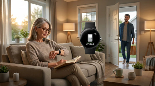 Senior woman receives a visitor notification on her smartwatch as a delivery arrives at her smart home.