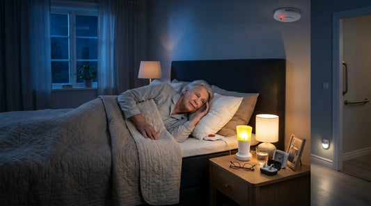 Senior woman in bed at night with smart home safety devices like a smoke detector and visual bedside alert system.