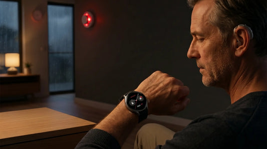 Man with hearing aid checks smartwatch for alerts while a red emergency light glows on the wall in the background.