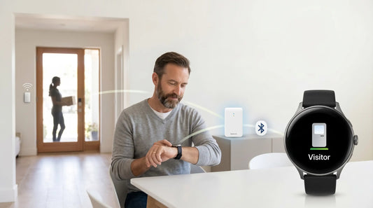 Man viewing a visitor notification on his smartwatch connected to a smart home security system and doorbell.