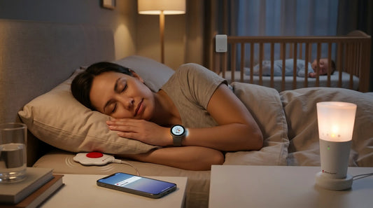 A mother sleeping soundly using smart baby monitor tech, wearable sleep tracker, and nursery safety sensors.