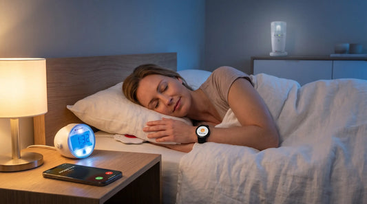 Woman sleeping in bed wearing a medical alert smartwatch next to a glowing digital alarm clock and smartphone.
