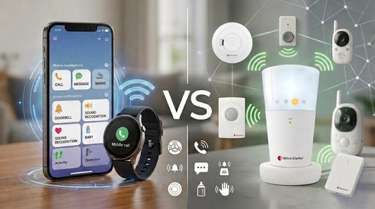 Comparison of smartphone and smartwatch notifications versus a Bellman & Symfon dedicated smart home alert system.