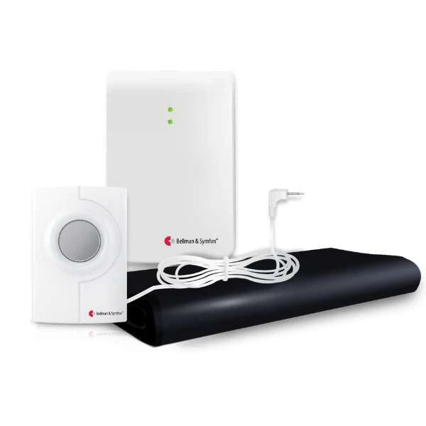 Bellman & Symfon assistive alert kit featuring a wireless push-button transmitter, a portable receiver, and a black pressure-sensitive floor mat with a white connector cable.