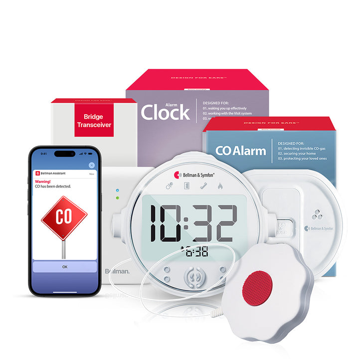 Carbon Monoxide Alarm System with Bridge, Alarm Clock Receiver and Bed Shaker