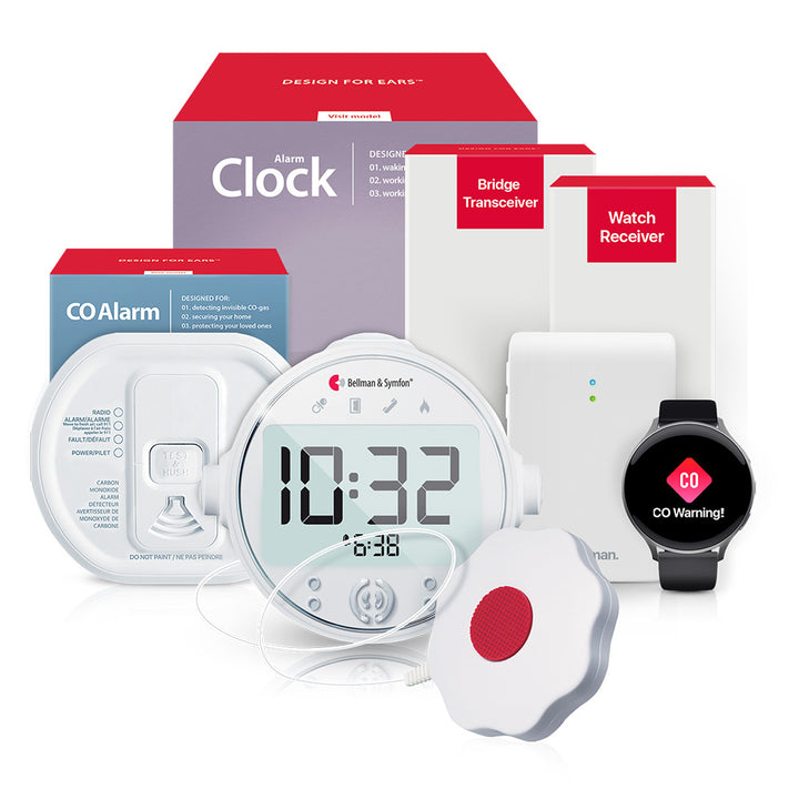 Carbon Monoxide Alarm System with Alarm Clock Receiver, Bed Shaker, Bridge, and Watch Receiver