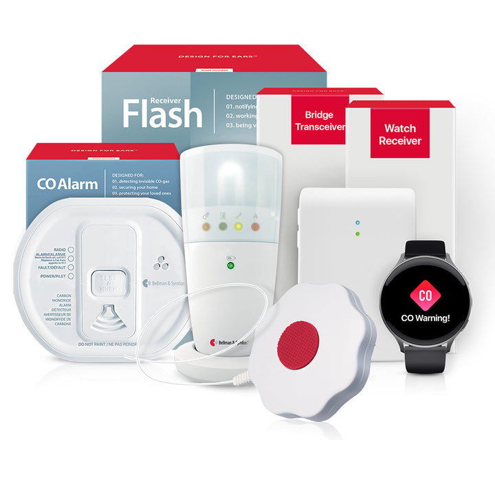 Carbon Monoxide Alarm System with Flash Receiver, Bed Shaker, Bridge, and Watch Receiver