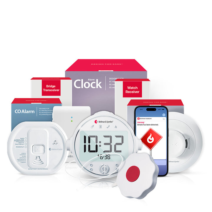 Smoke/Fire and CO Alarm System with Bridge, Alarm Clock Receiver, and Bed Shaker