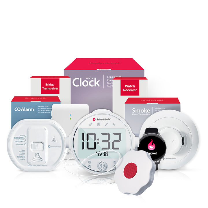 Smoke/Fire and CO Alarm System with Alarm Clock Receiver, Bed Shaker, Bridge, and Watch Receiver