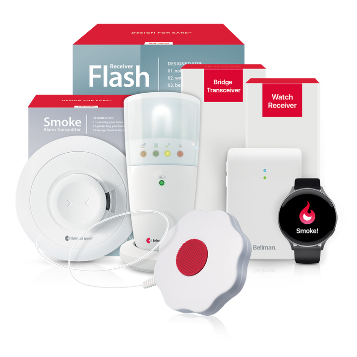Système d'alarme incendie/fumée avec récepteur flash, vibreur de lit, pont et récepteur montre
