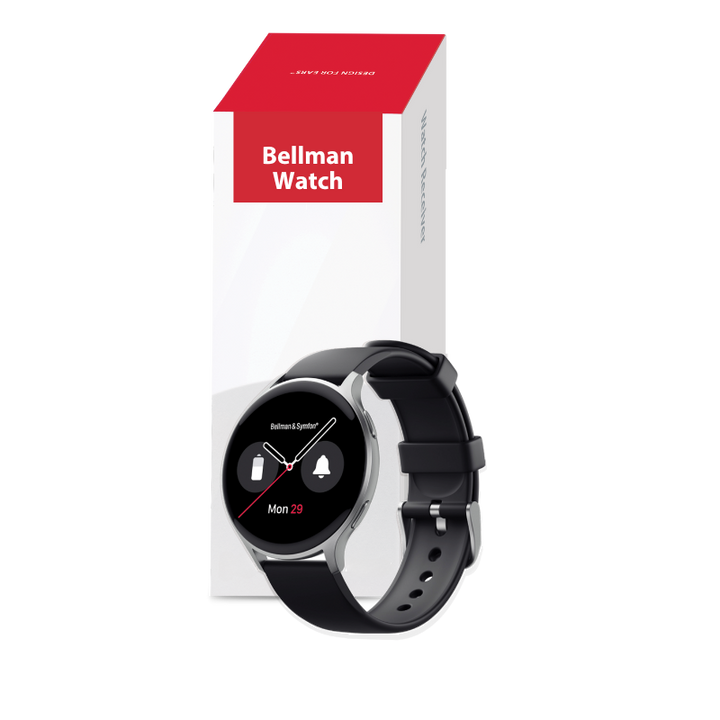 Bellman watch with black strap and digital display on a white background