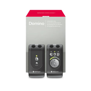 Pair of electronic devices with 'Domino' branding on a gray background
