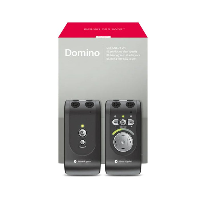 Pair of electronic devices with 'Domino' branding on a gray background