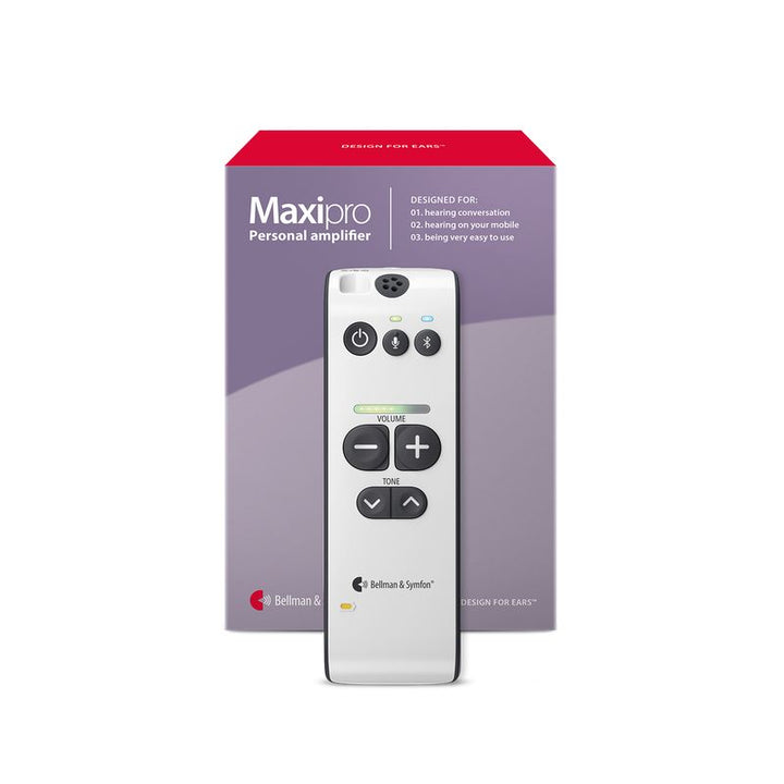 Maxipro personal amplifier with remote control on a white background