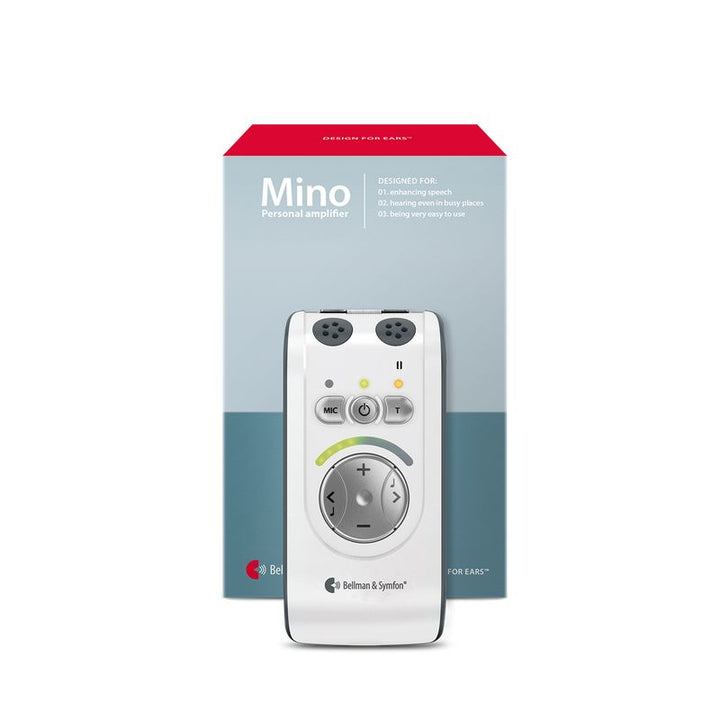 Mino portable amplifier with packaging on a white background