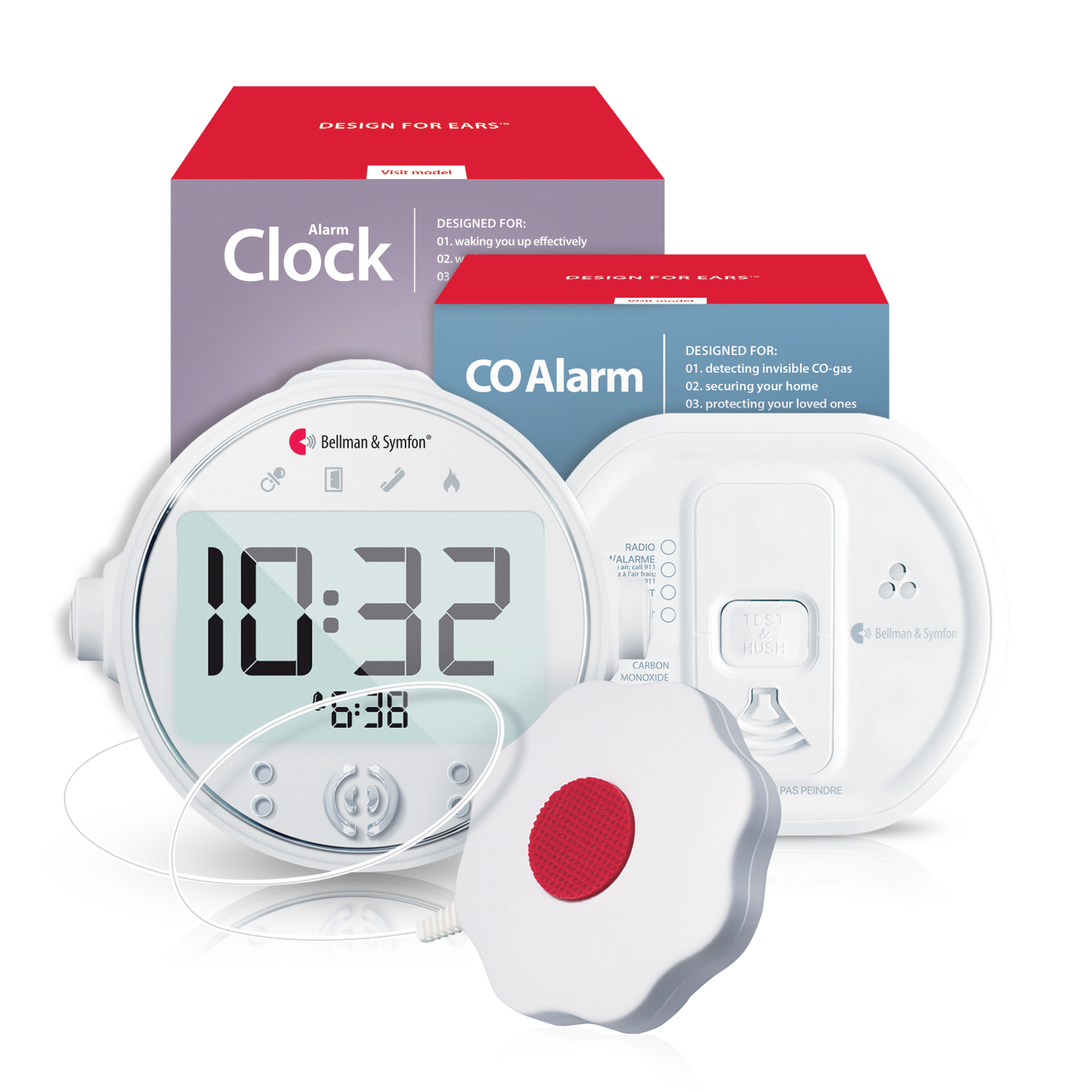Carbon Monoxide Alarm Notification System with Alarm Clock Receiver, Bed Shaker, Bridge, and Watch Receiver